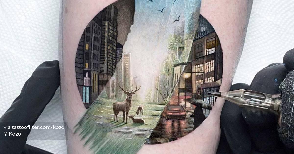 Microrealistic landscape tattoo on the inner forearm