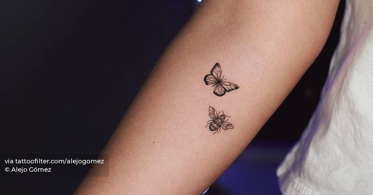 Fine line butterfly and bee tattoo on the inner