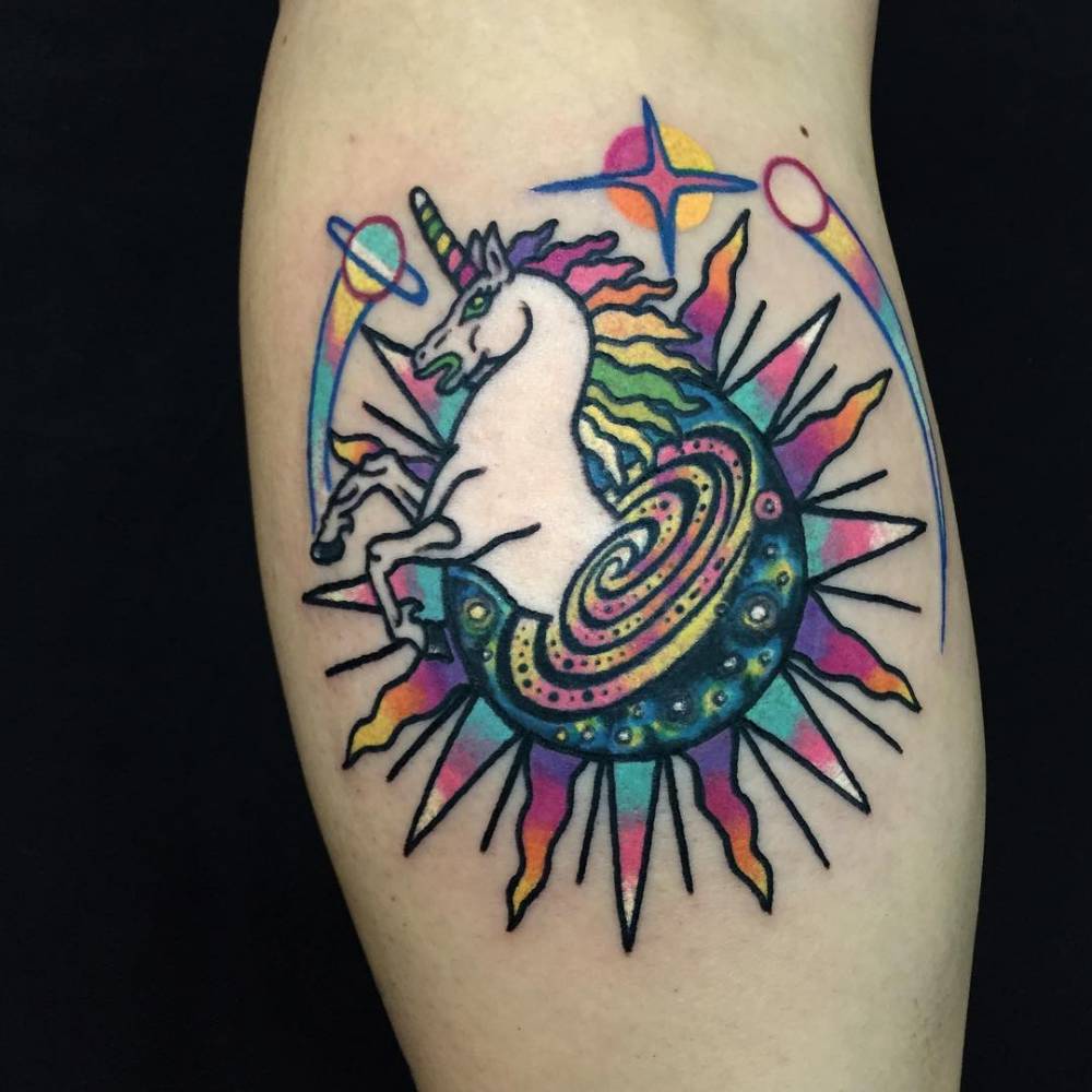 Psychedelic Unicorn Tattoo On The Calf. 1000_x_1000_jpg