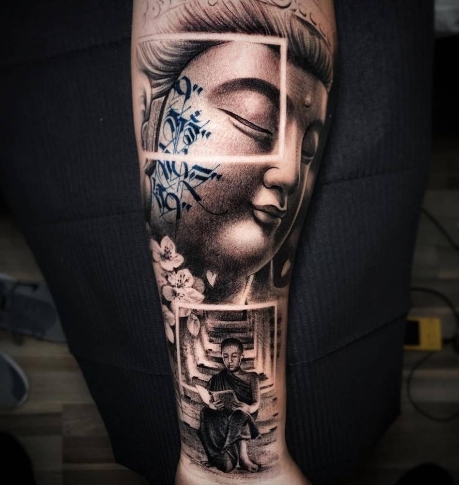 Black And Grey Buddha Tattoo On The Inner Forearm. 1000_x_948_jpg