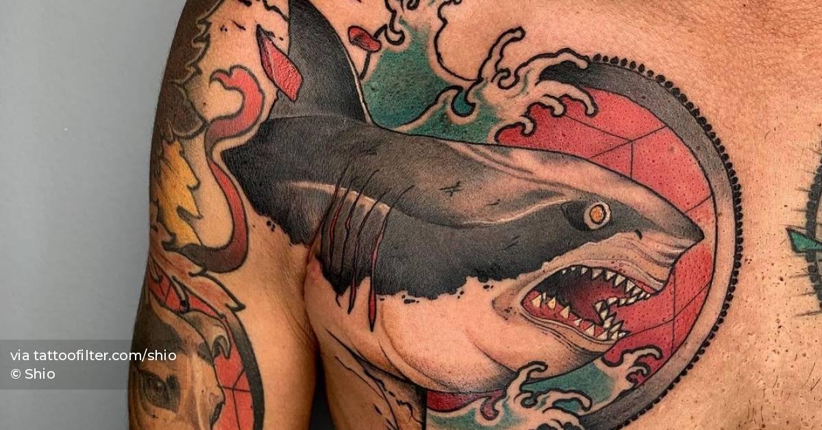 Neotraditional Shark Tattoo On The Chest. 628_x_1200_jpg