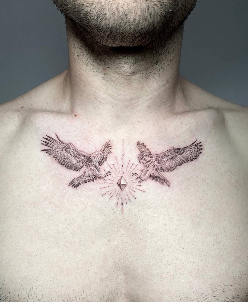 Micro-Realistic Eagle And Owl Tattoo Located On The 1000_x_821_jpg