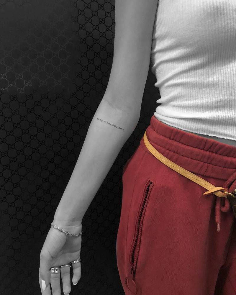 “This too shall pass” tattoo on Delilah Belle.