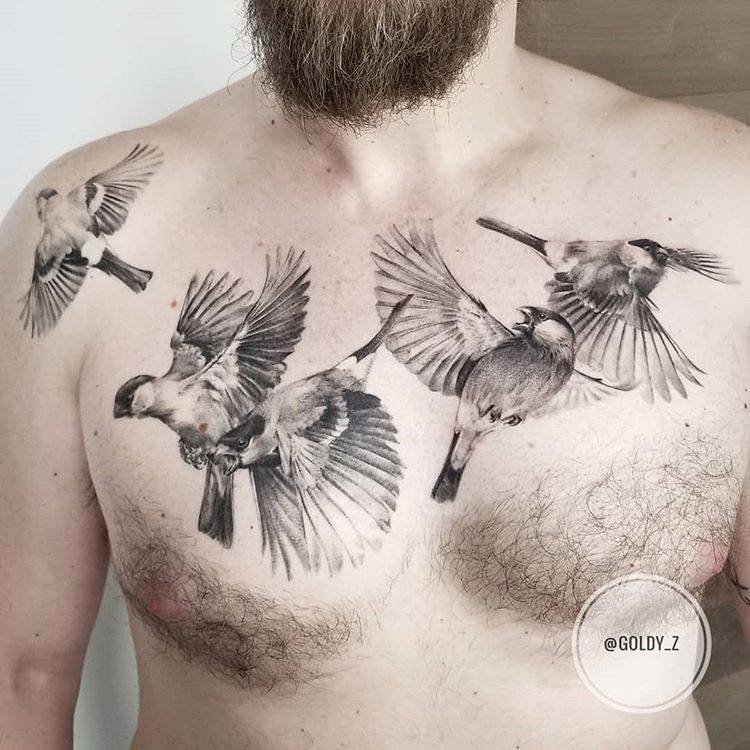 Beautiful bullfinch tattoos beautifully healed (white