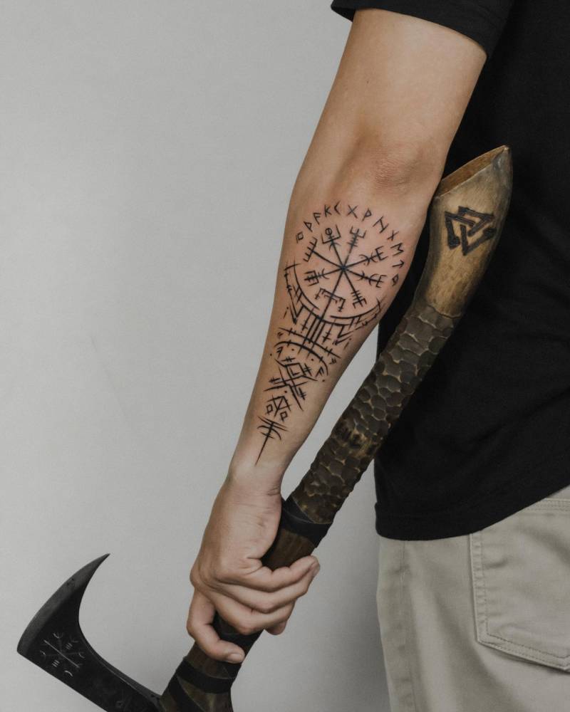 Nordic inspired tattoo located on the forearm.