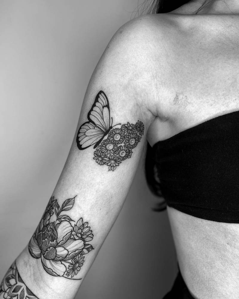 Half butterfly half flowers and chrysantemums tattoos