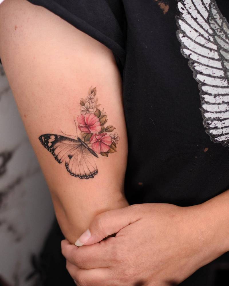 Microrealistic style half butterfly half flowers