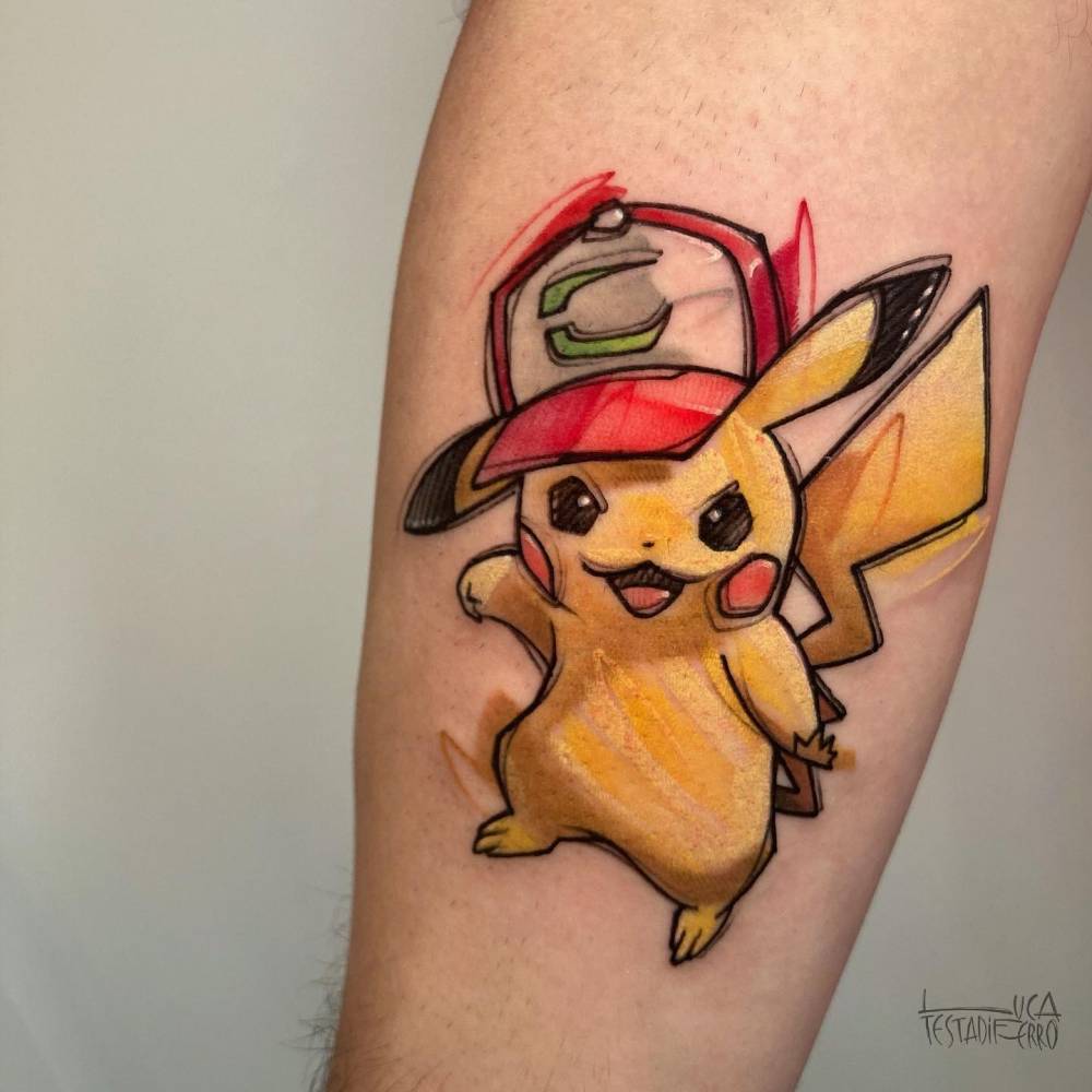 Cartoon style Pikachu tattoo done on the inner forearm.