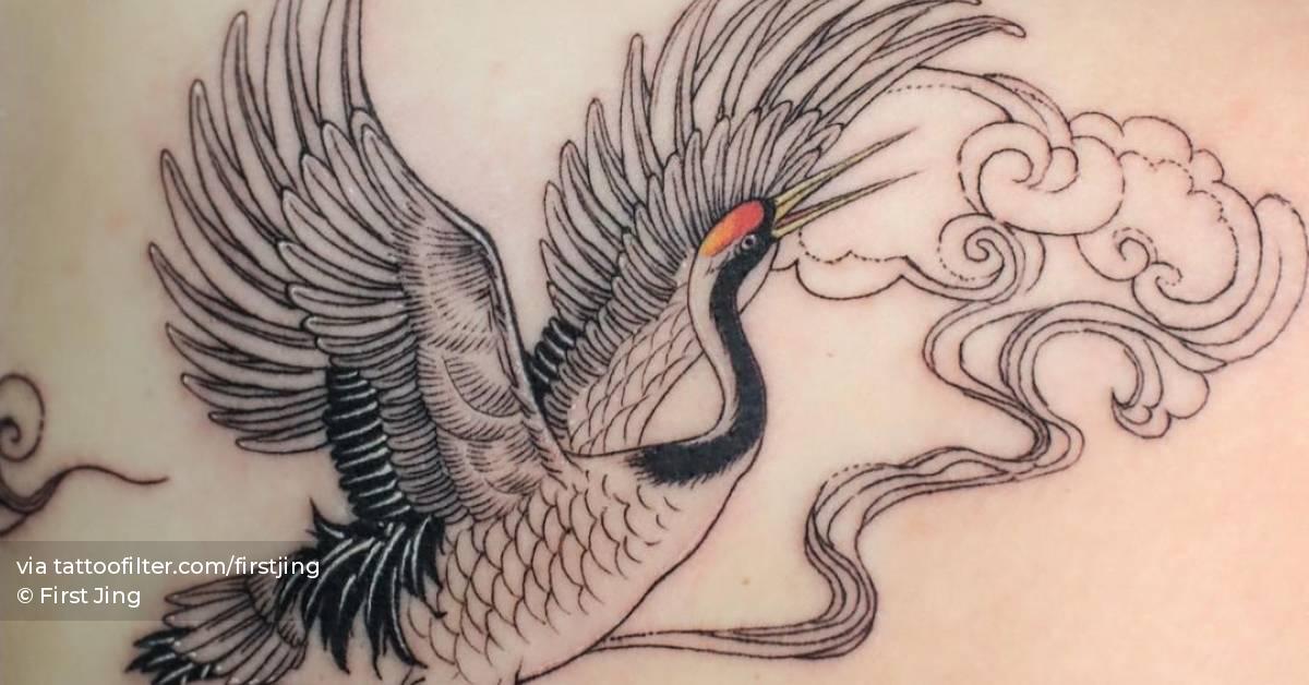 Fine line redcrowned crane tattoo on the shoulder