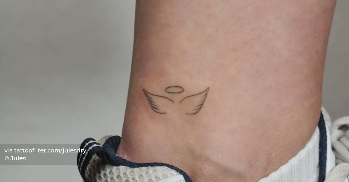 Angel wings and halo tattoo located on the ankle,