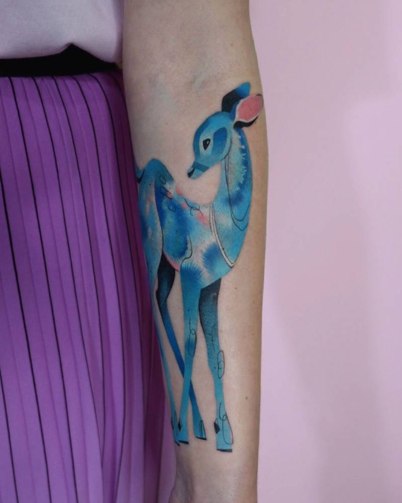 Fawn tattoo located on the inner forearm, done in