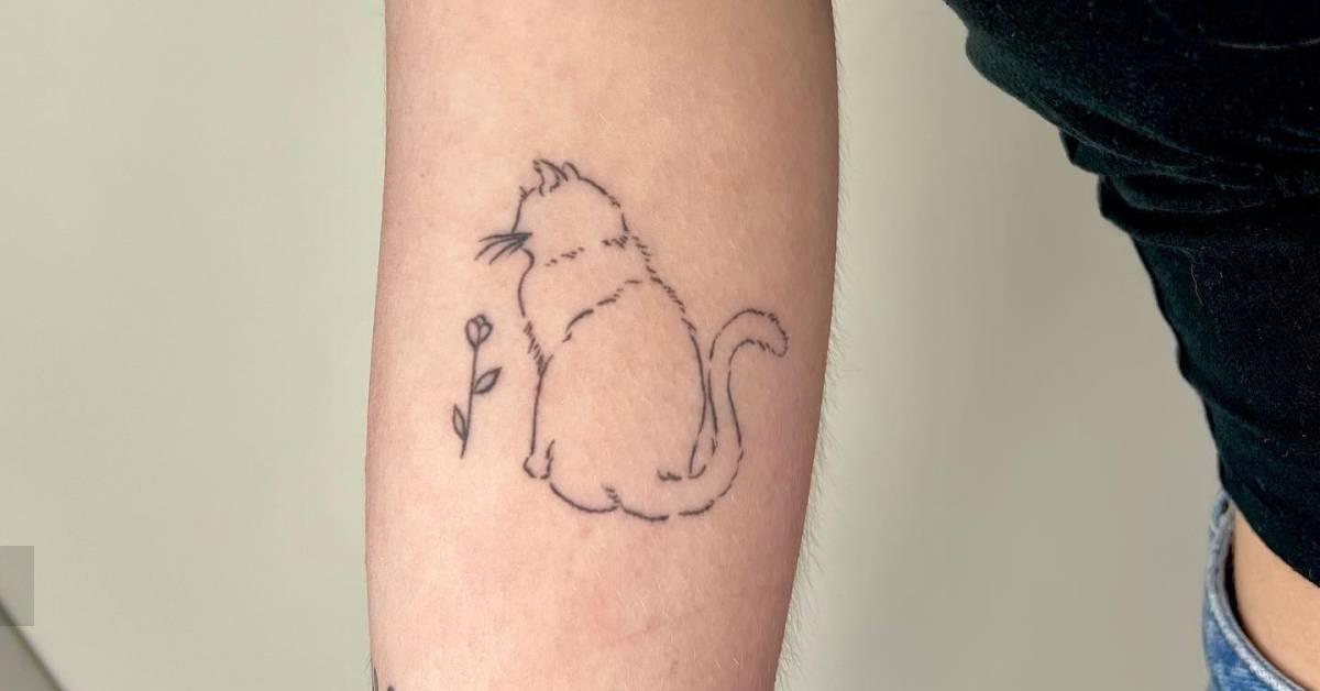 Healed fine line style cat tattoo located on the inner