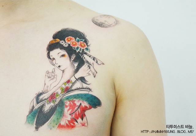 Geisha Tattoo On The Left Chest, And Realistic Moon On 446_x_640_jpg