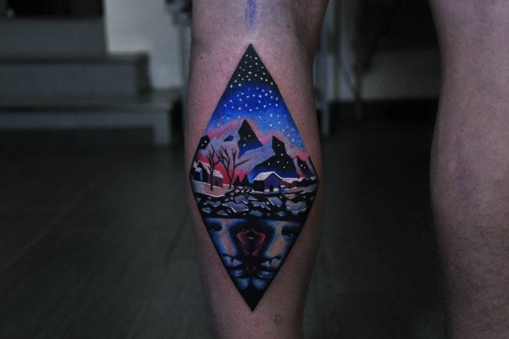 Psychedelic Landscape Rhombus Tattoo On The Left Calf. 666_x_1000_jpg