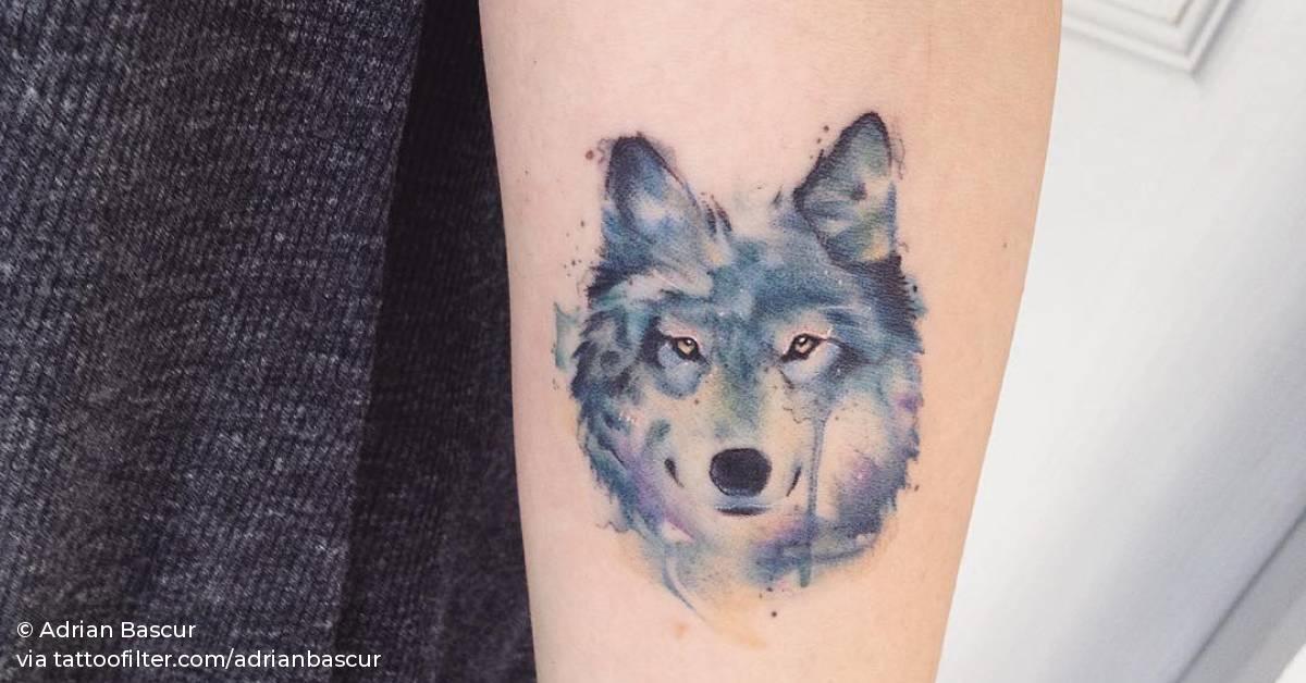 Watercolor Style Wolf Tattoo On The Left Forearm. 628_x_1200_jpg