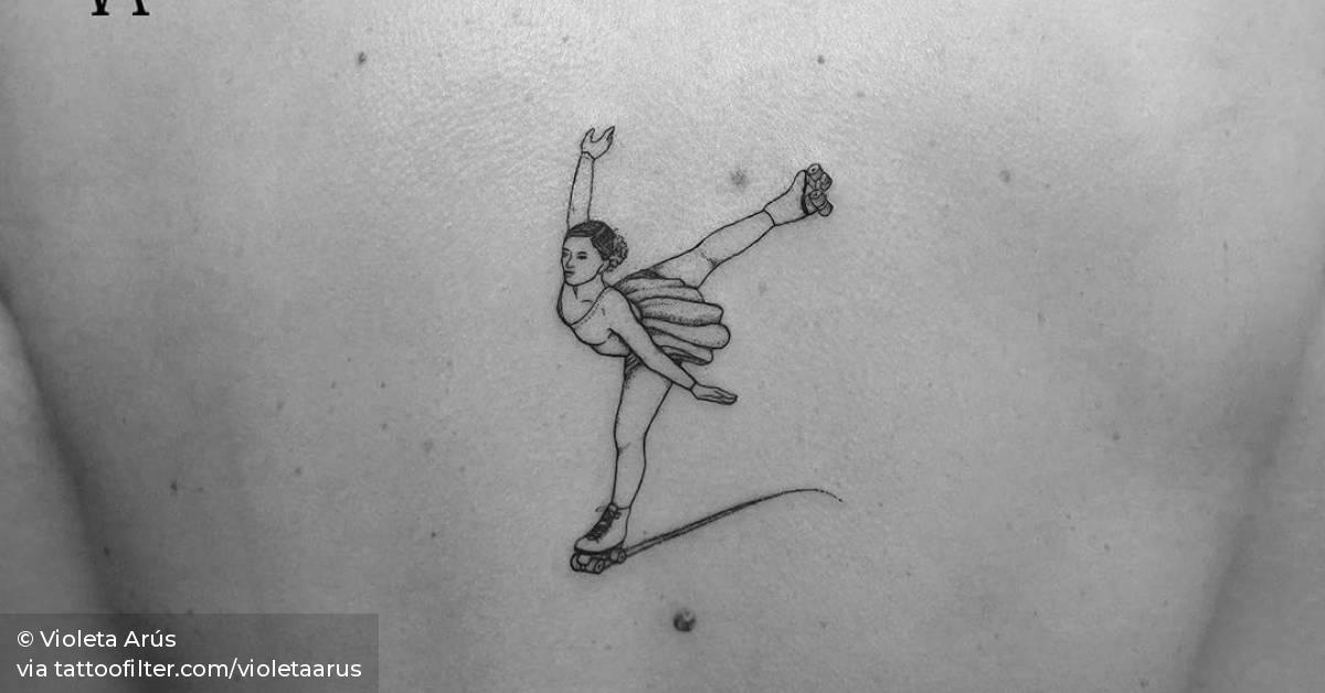 Fine line style roller skater tattoo on the back.