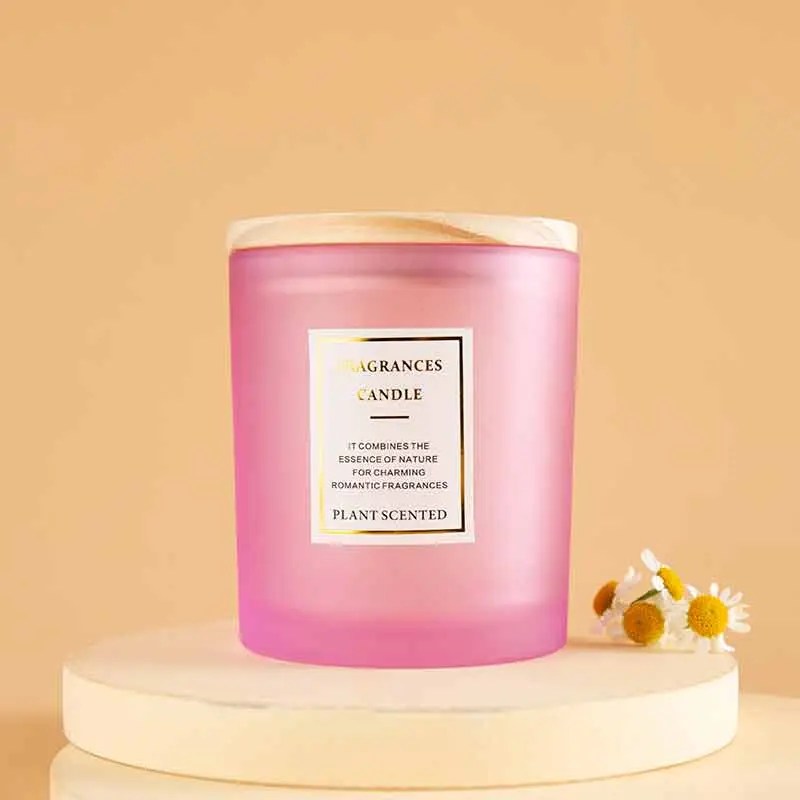 China Pink Engrave Wooden Metal Lid Candle Holder Glass Jar Supplier