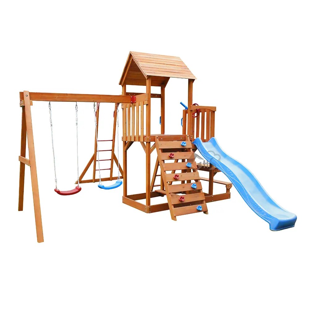 China Wooden Playground Outdoor Swing and Slide Wooden Swing Set