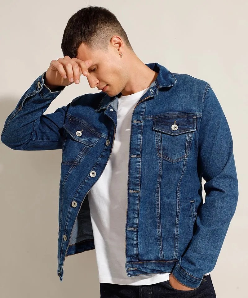 Jaqueta Jeans Masculina com Bolsos Azul Escuro