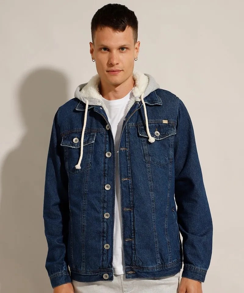 Jaqueta Jeans Masculina Trucker com Capuz e Pelo Azul Escuro