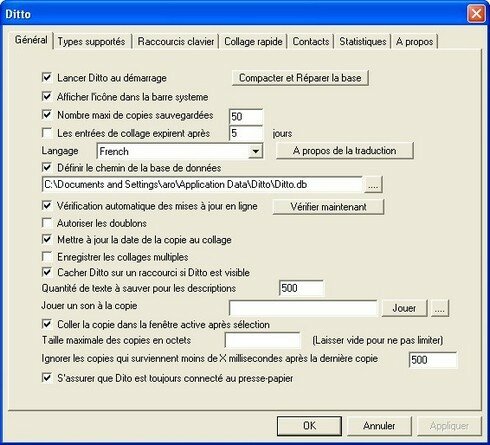Ecran des options de Ditto : le pressepapier multiple