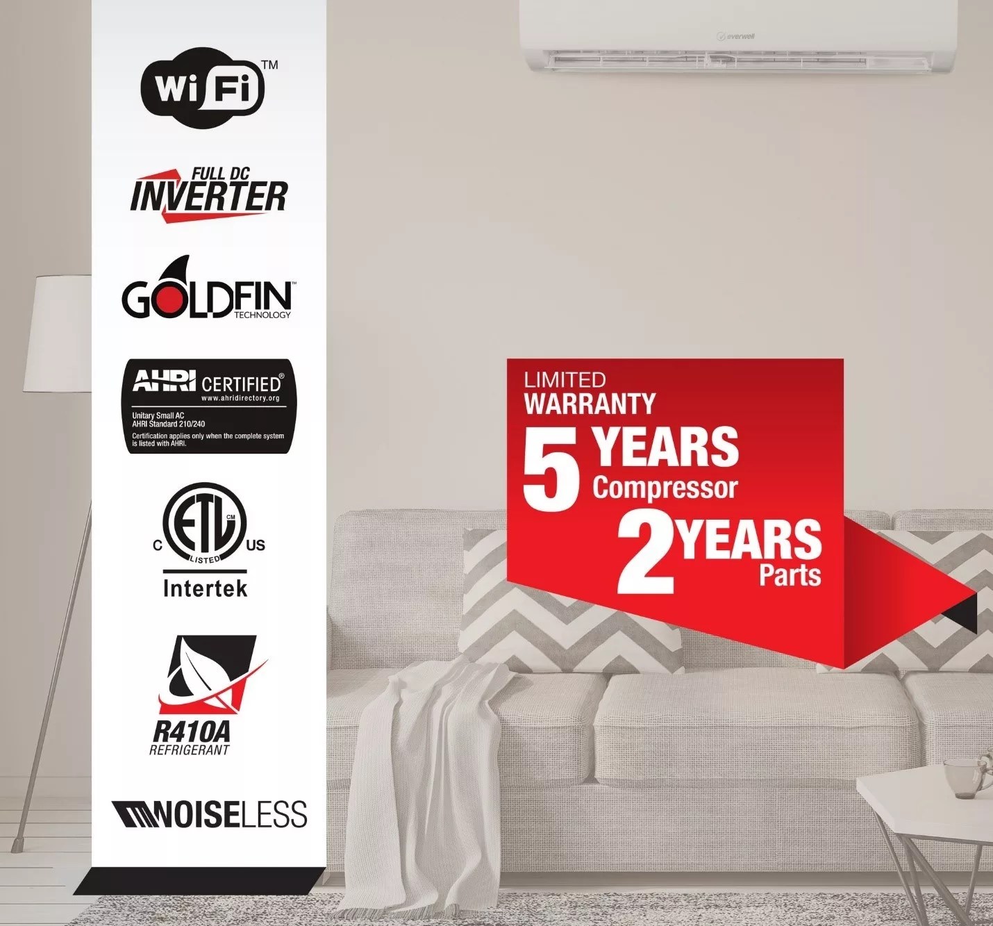 EVERWELL 1 TON 12,000 BTU 20 SEER 110120 V DUCTLESS INVERTER MINI