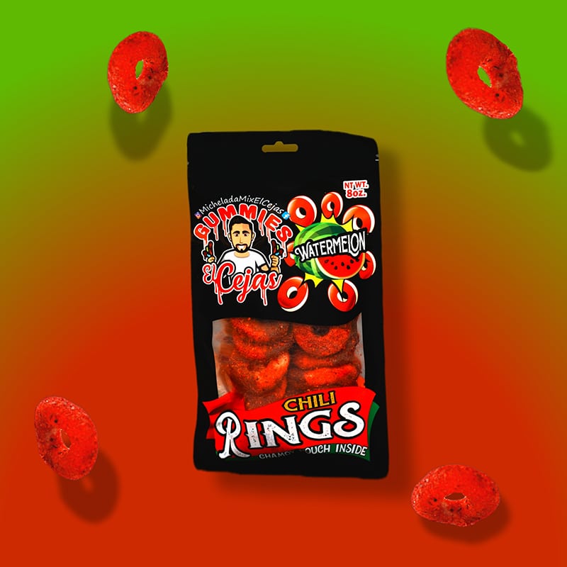 El Cejas Watermelon Gummy Chili Rings with Chamoy 8 oz. El Cejas