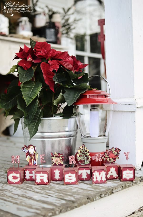 Merry Christmas Sign, poinsettia in galvanized tub, red lantern