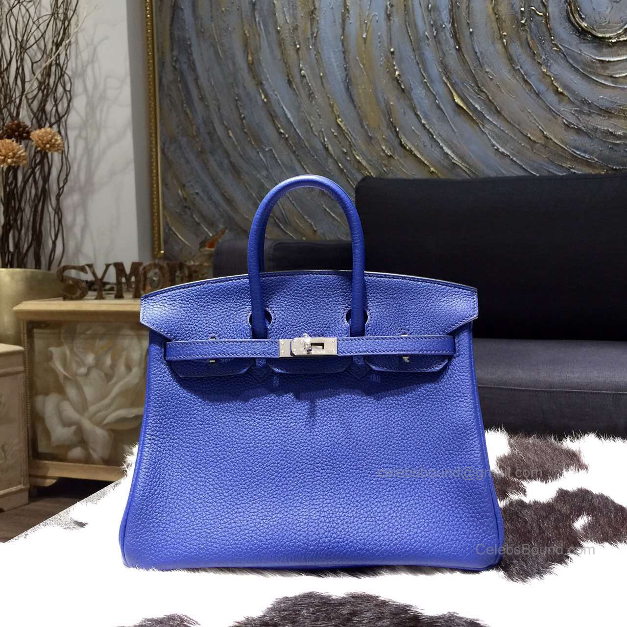 Hermes Birkin 25 Bag Blue Electric 7t Togo Leather Handstitched Silver hw