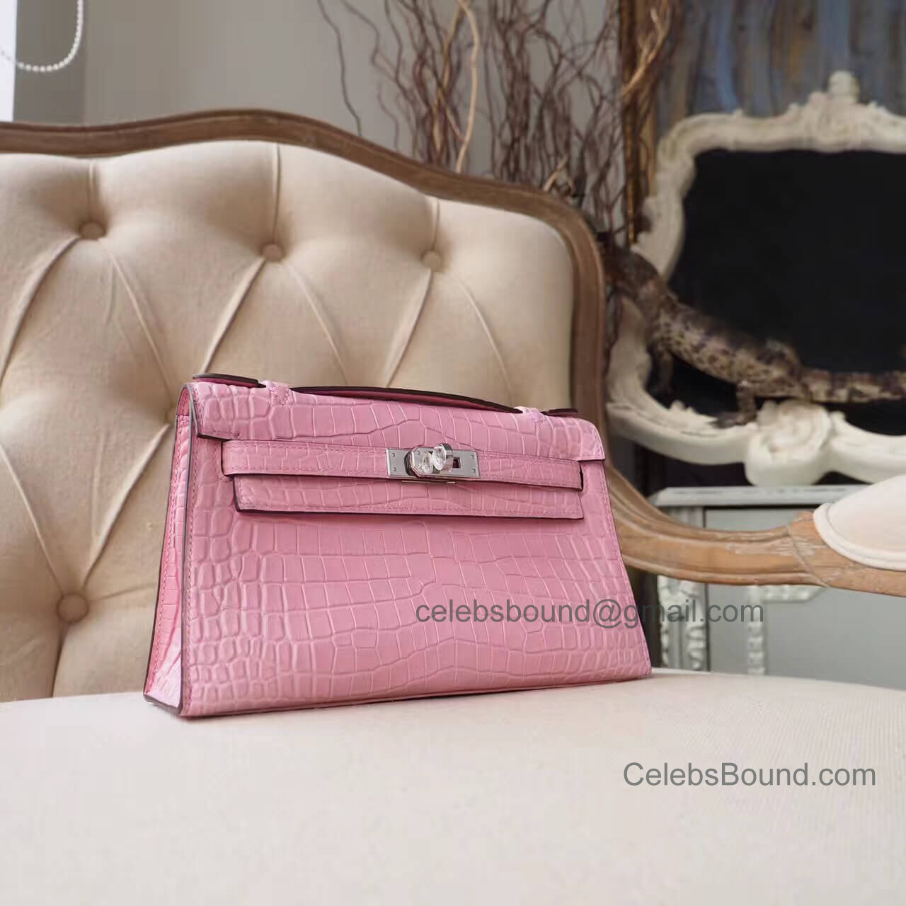Replica Hermes Mini Kelly 22 Pochette Bag in 5p Pink Matte Nile Croc PHW