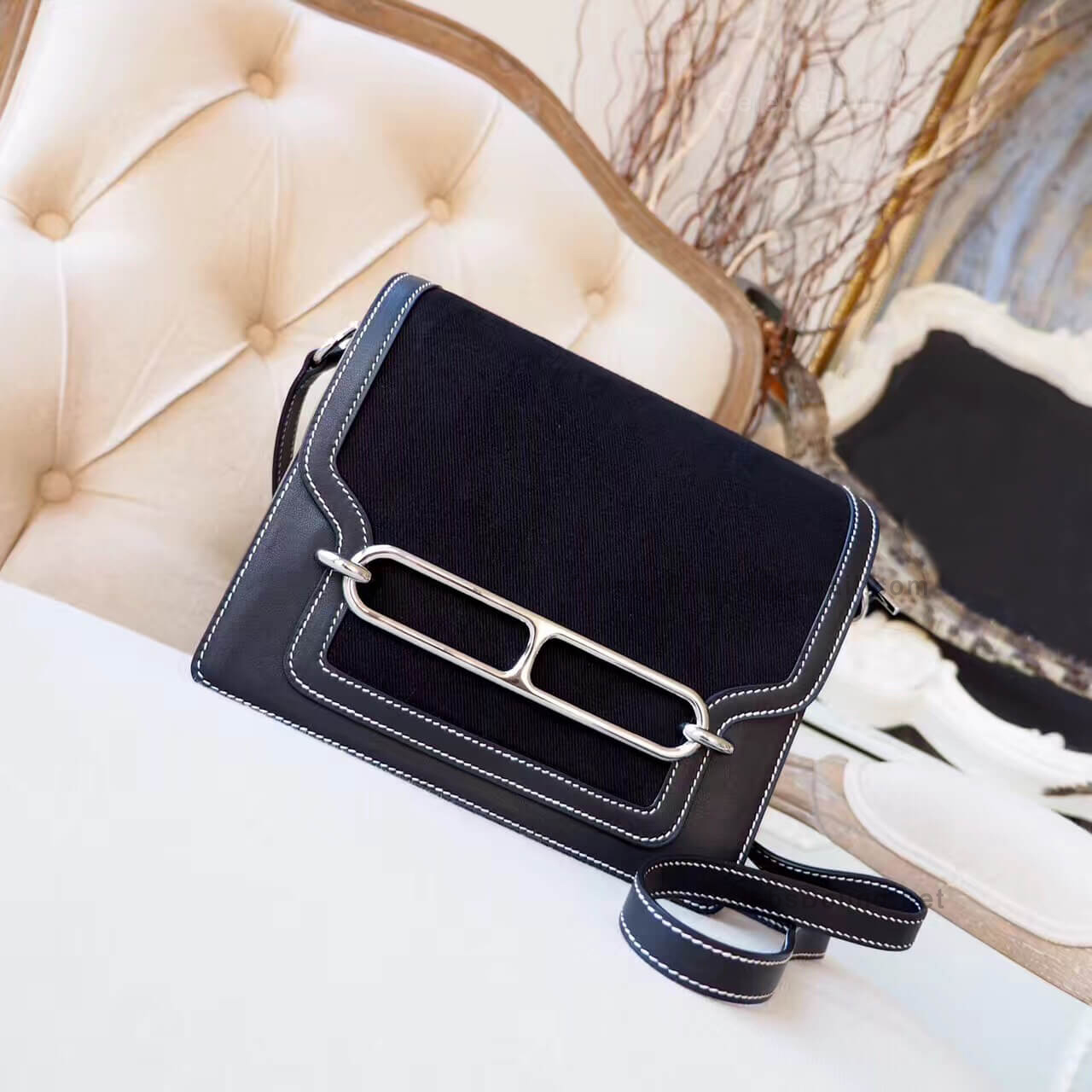 Hermes Roulis 23 Canvas Bag in ck89 Noir Evercolor PHW