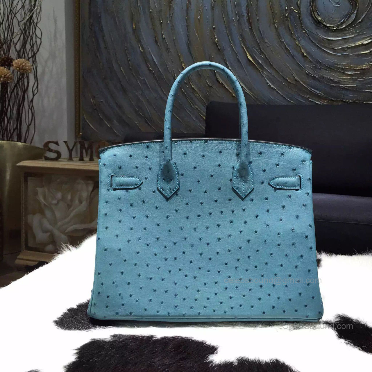 Hermes Birkin 35 Bag Cobalt Ostrich Leather Handstitched Silver hw