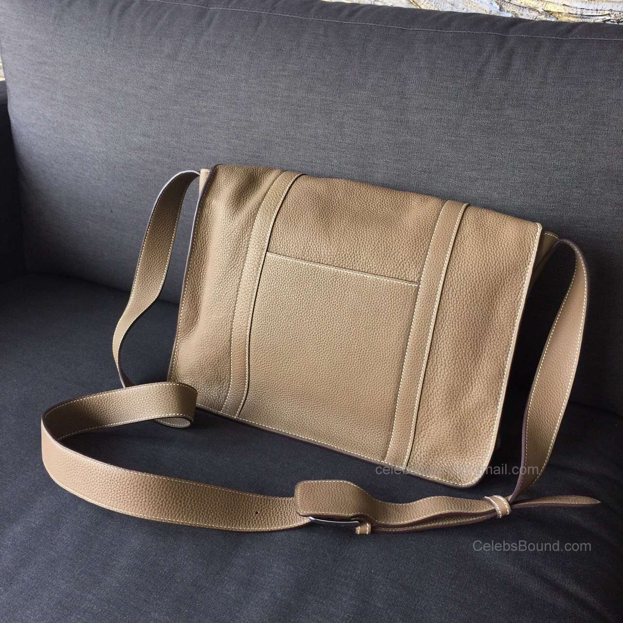 Hermes Steve Messenger Bag Etoupe CK18 Leather Handstitched Silver hw