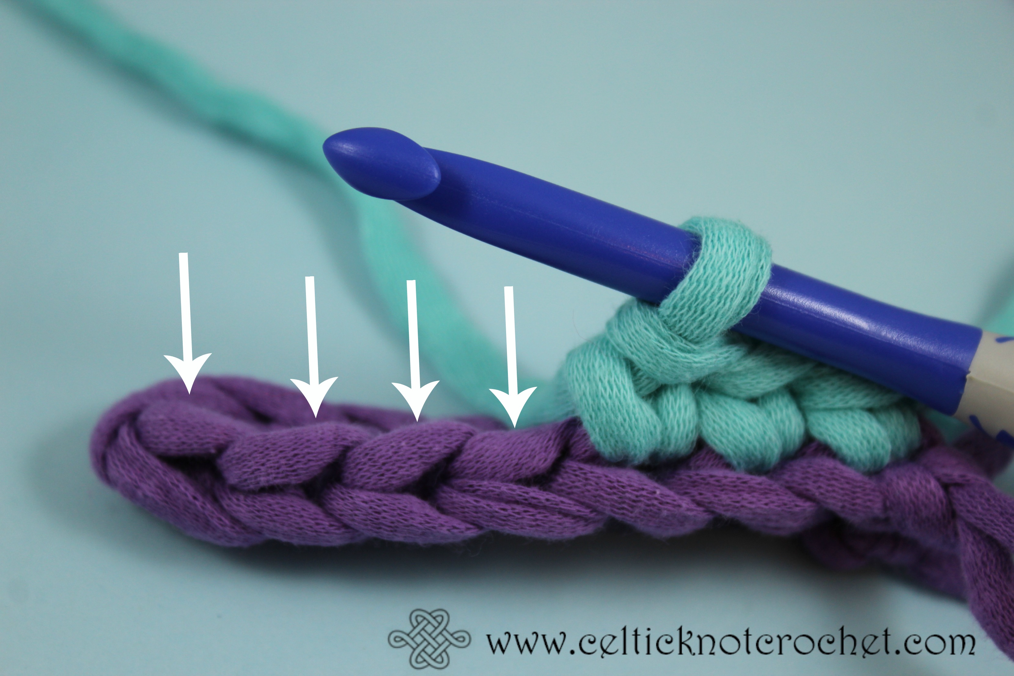 sc in back loop of a row of sc labeled with arrows Celtic Knot Crochet