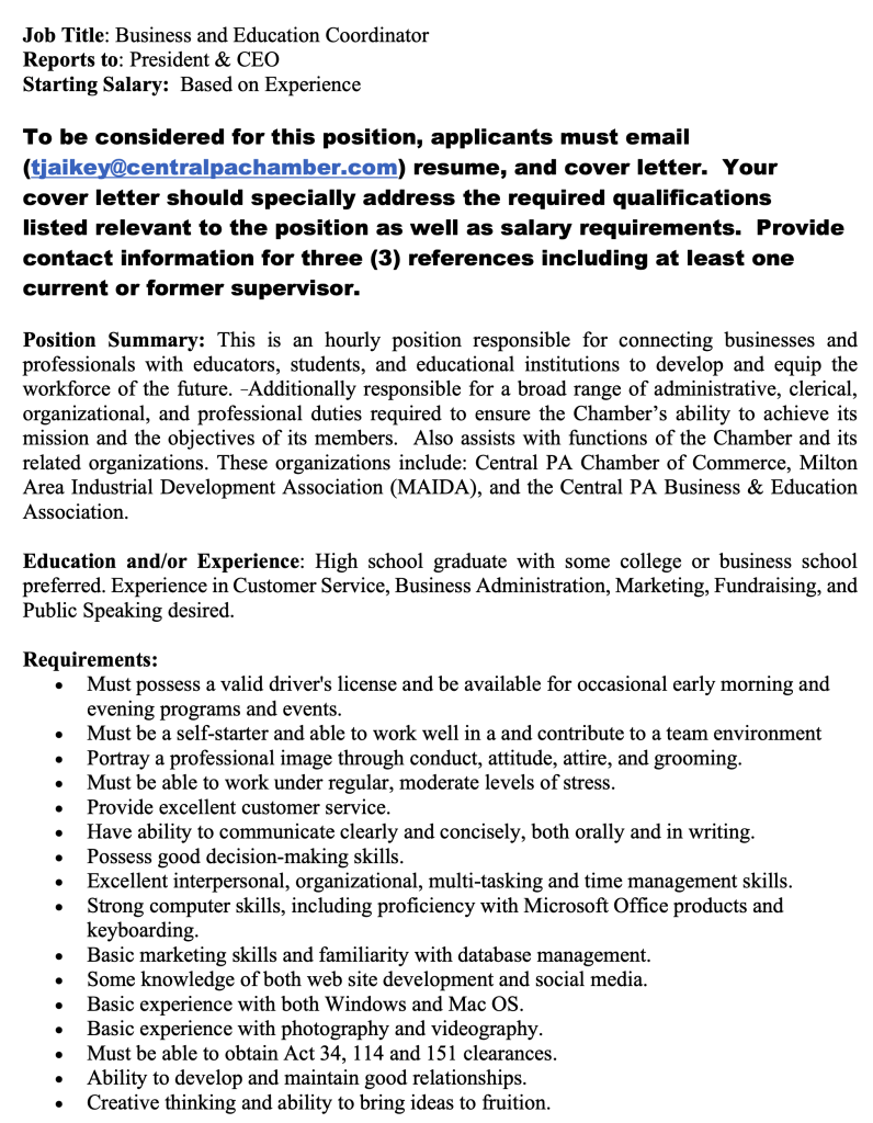 Job Opportunities Central PA Chamber of Commerce