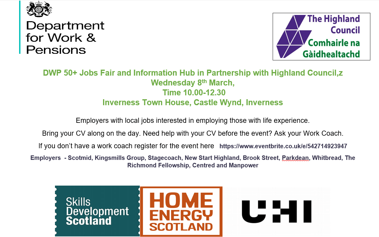 DWP 50+ Jobs Fair and Information Hub in partnership with Highland Council centred