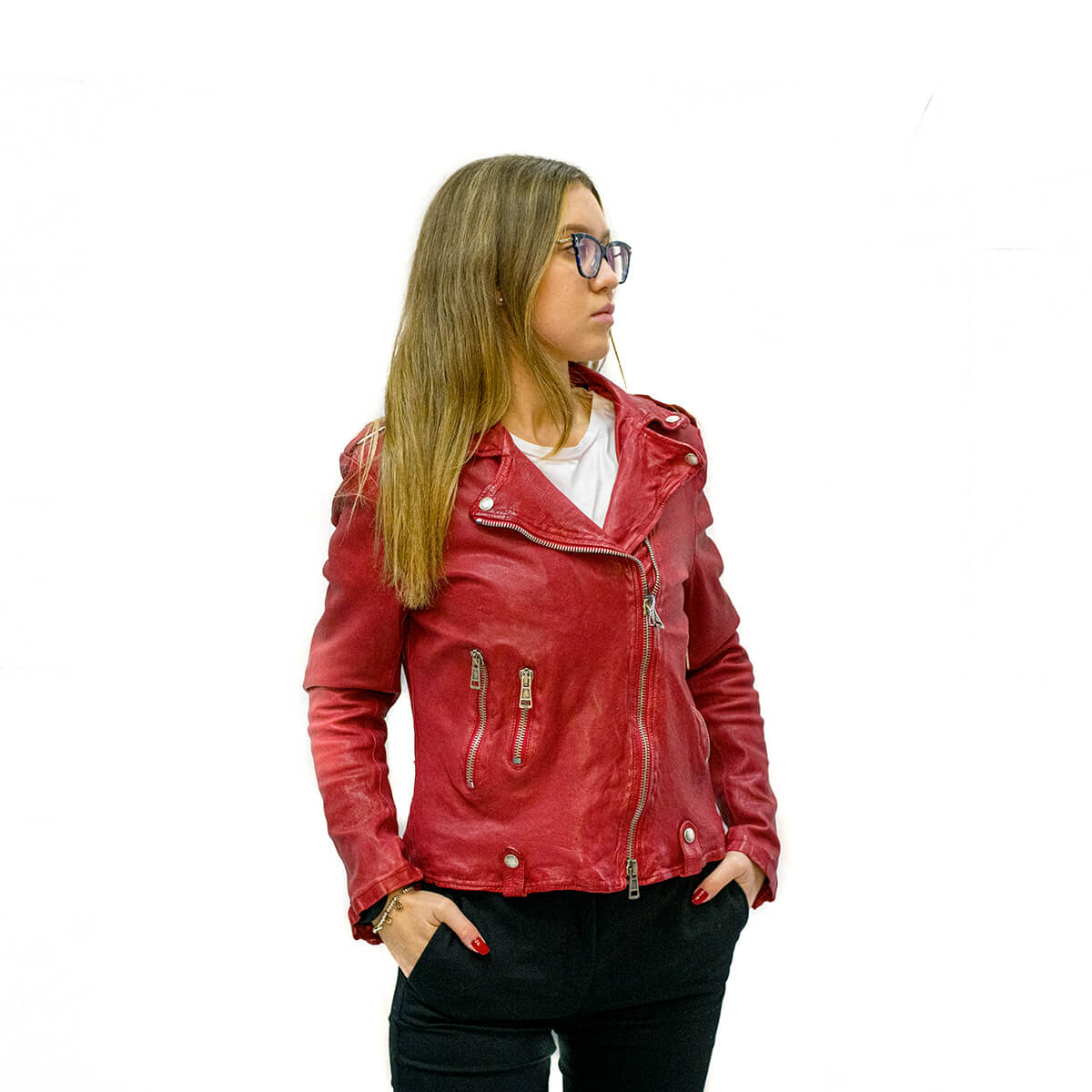 Giubbino modello chiodo in nappa vegetale rosso • Centro