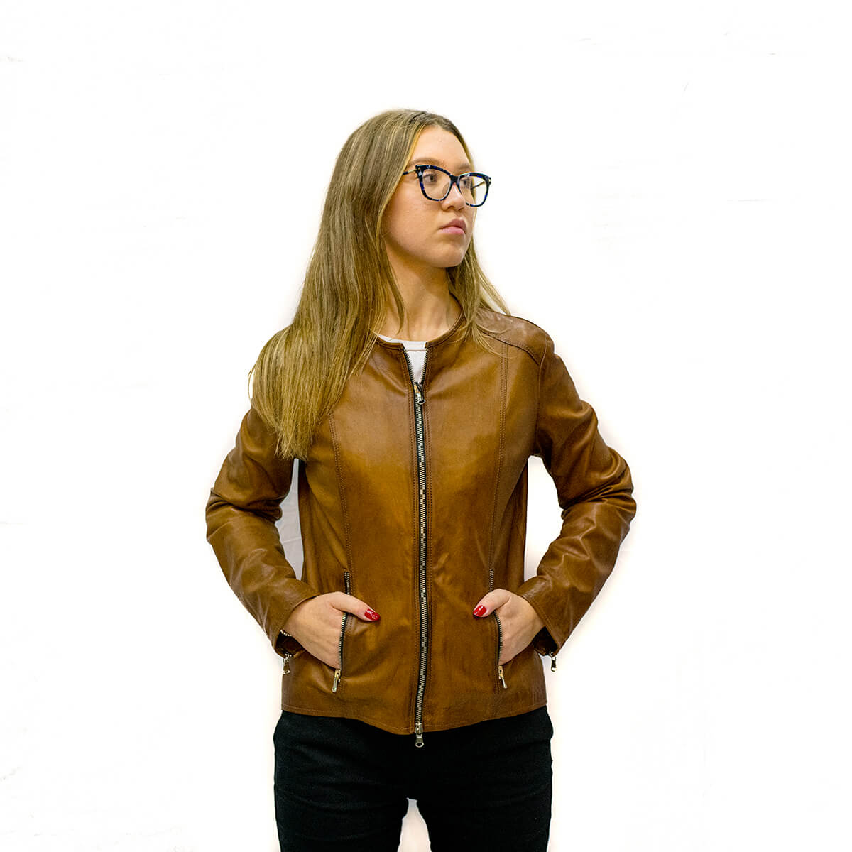 Giubbino in nappa caramello senza collo • Centro Moda Pelle