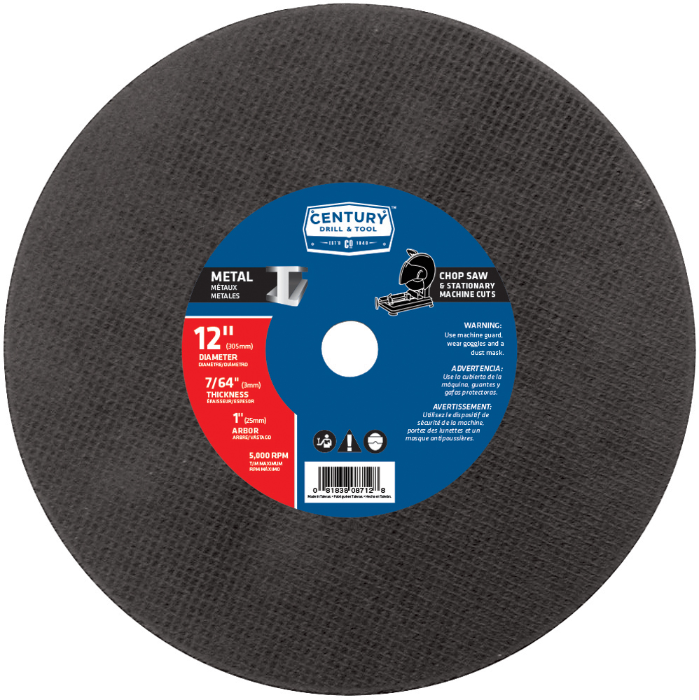 Abrasive Saw Blade 12″ Diameter 7/64″ Thickness 1″ Arbor Type 1A Metal