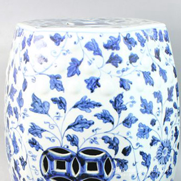 RYNQ47_Ceramic Shower Stool, Blue and White, hand painted floral design