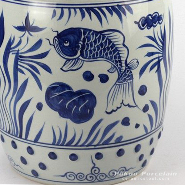 RYLL42_Hand paint fancy koi and water plant pattern blue white ceramic barrel stool ALL