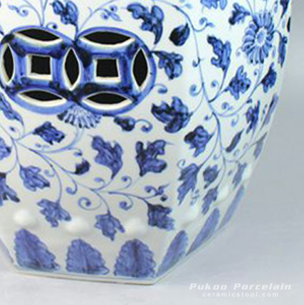 RYNQ47_Ceramic Shower Stool, Blue and White, hand painted floral design