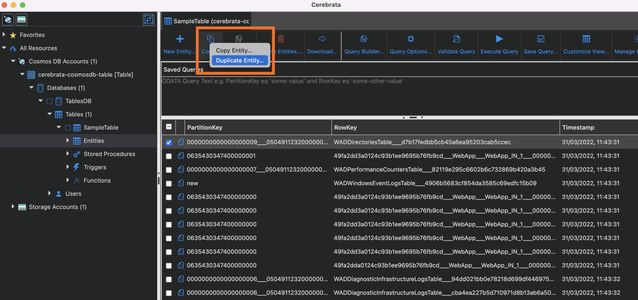 Duplicate Table Entities in Azure Cosmos DB and Storage Account