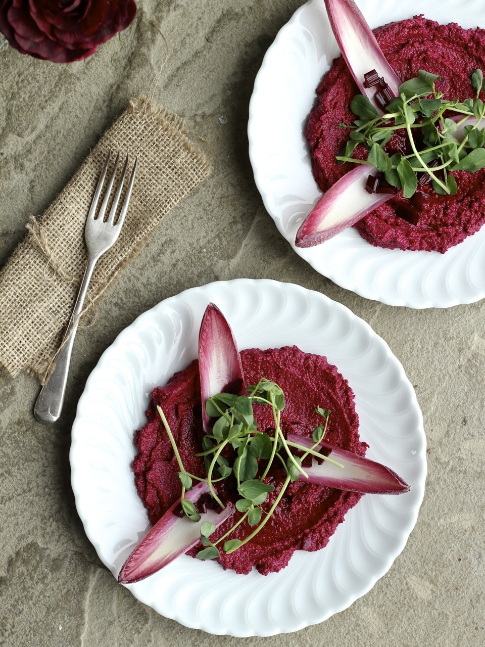 Beetroot Walnut Hummus, Chicory Leaf & Pickled Beetroot Stems Ceri