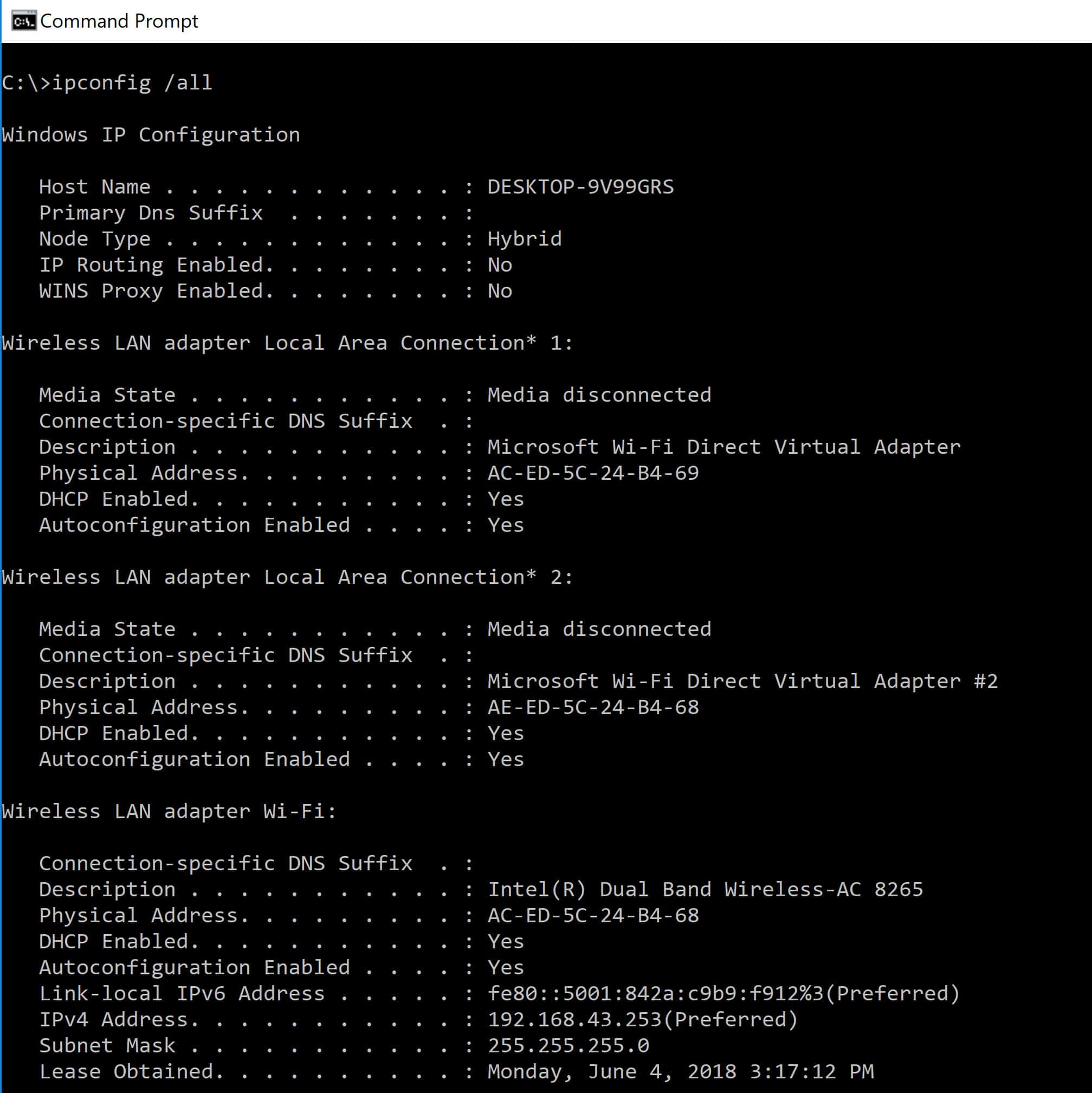 ipconfig all example of output CertBlaster
