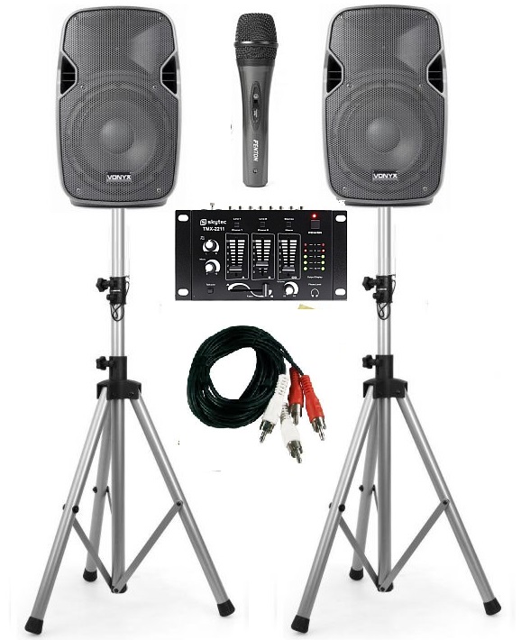 IMPIANTO AUDIO KARAOKE DJ 2 casse amplificate + 2 stativi + mixer