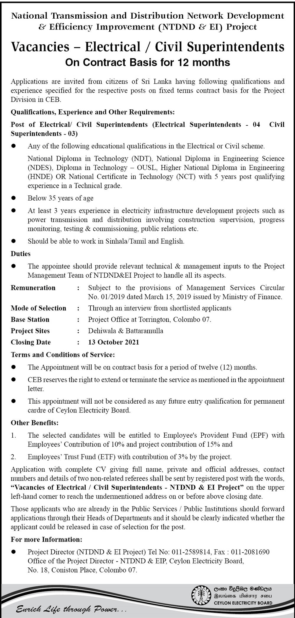 electical/civil superintendentsSrilanka electricity board vacancies