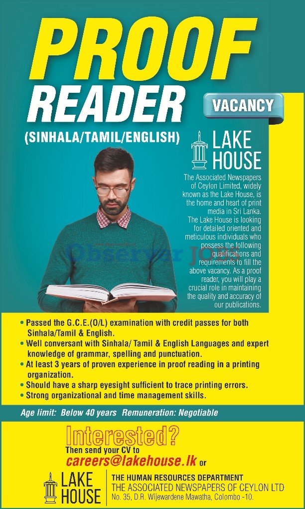 Proof ReaderLAKE HOUSE VACANCIES 2023 Ceylon Vacancy