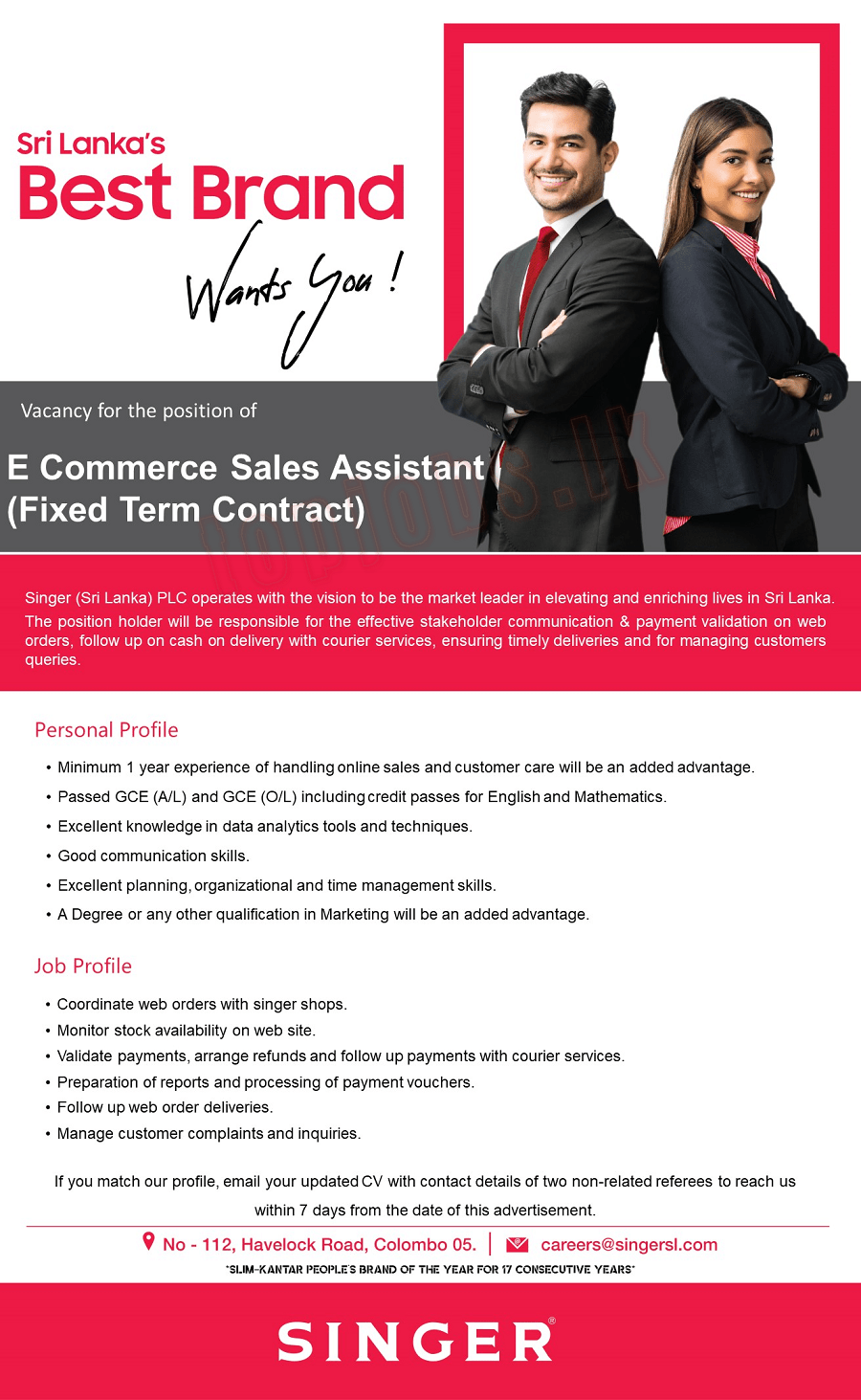 Ecommerce sales assistant - Singer vacancies 2024 - Ceylon Vacancy