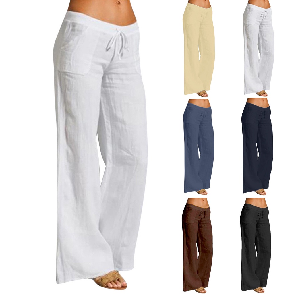 Mujer Casual Sólido Algodón Lino Cintura Elástica Cordón Largo Ancho Pierna Pantalones | Shopee Chile